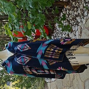 Unbranded acrylic knit Southwestern print fringed blanket hooded poncho OS